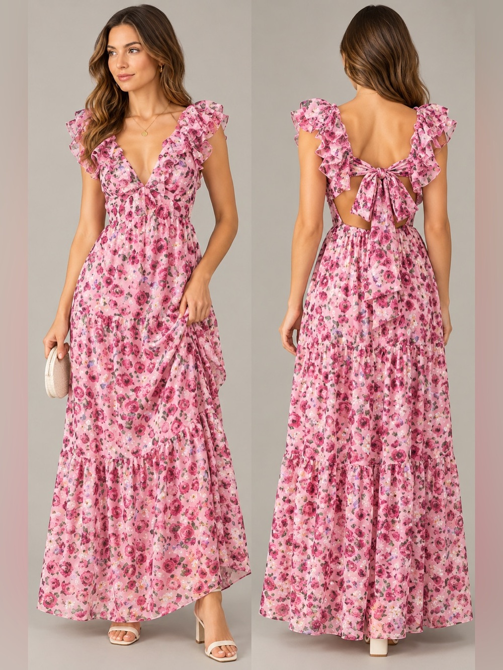Audrey Parks Francesca’s Pink Rose Floral Ruffle Maxi Dress Size S Open Back